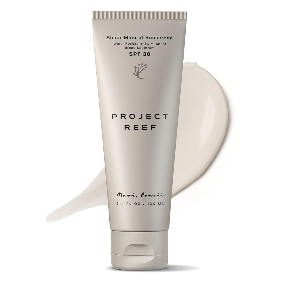 Project Reef front tube showing SPF 30 and Hawaii-compliant label, clear protection