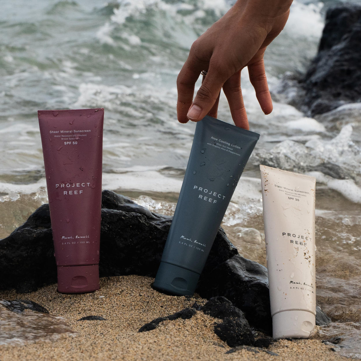 Project Reef sunscreen on skin near water demonstrating 80 minutes water resistance