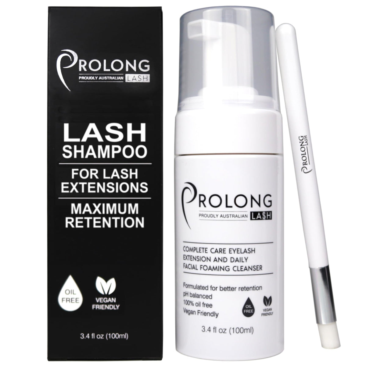 PROLONG LASH front packaging showing bottle and brush for salon-grade cleansing