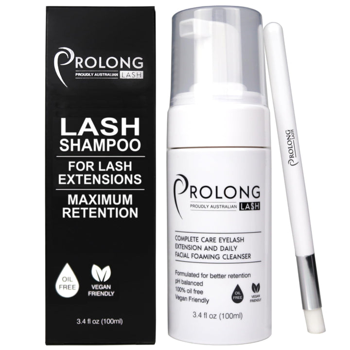 PROLONG LASH front packaging showing bottle and brush for salon-grade cleansing