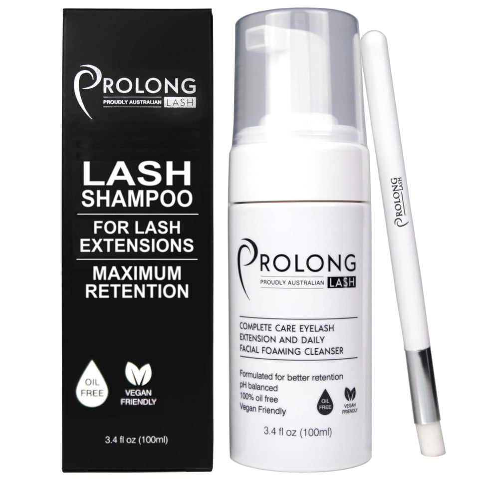 PROLONG LASH front packaging showing bottle and brush for salon-grade cleansing
