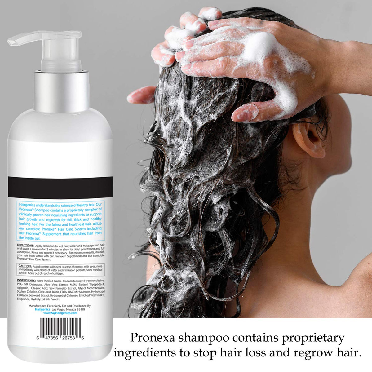 Pronexa Hairgenics label detail highlighting GMP-made manufacturing and ingredient transparency