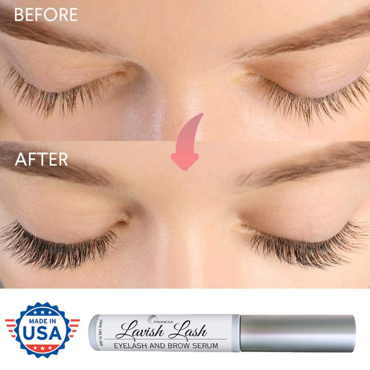 Pronexa Lavish Lash before-and-after schematic, illustrates visible lash length and density gains