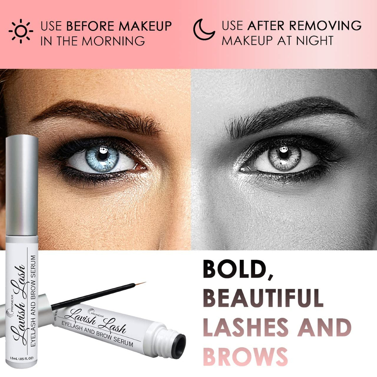 Pronexa Lavish Lash ingredient callout with biotin and peptides, emphasizes nourishing support
