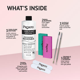 Pronto acetone bottle arranged with included files buffers pushers for complete removal