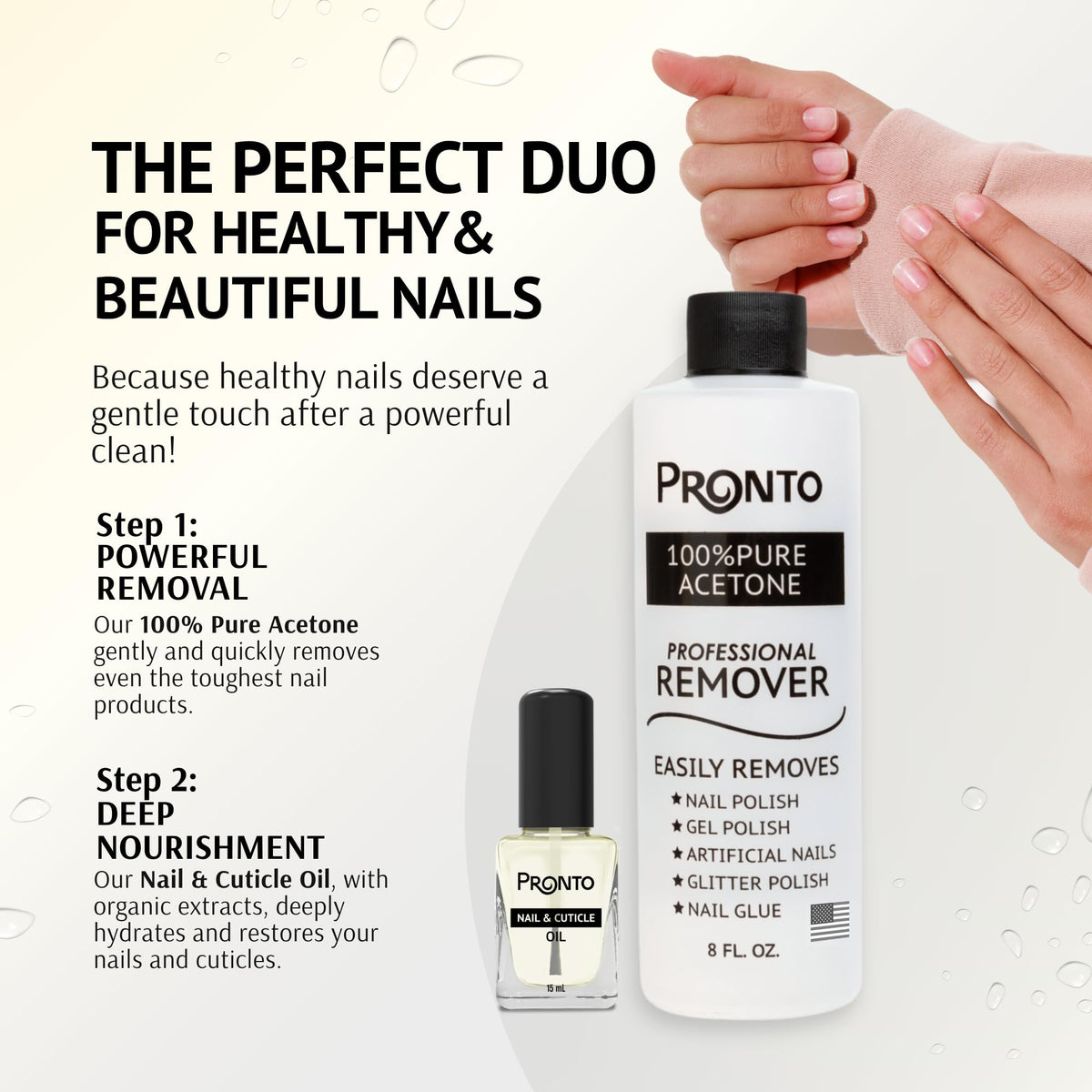 Pronto duo pack with acetone and cuticle oil, convenient combined solution