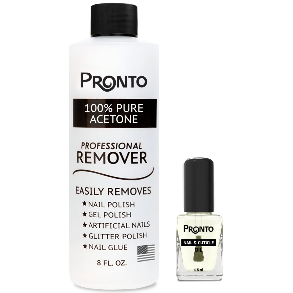 Pronto front bottle showing clear acetone and label, fast removal benefit