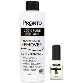 Pronto front bottle showing clear acetone and label, fast removal benefit