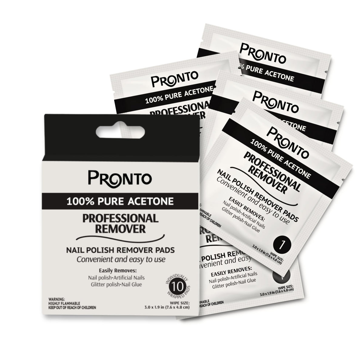 Pronto front packaging showing 10 sealed acetone pads for fast removal