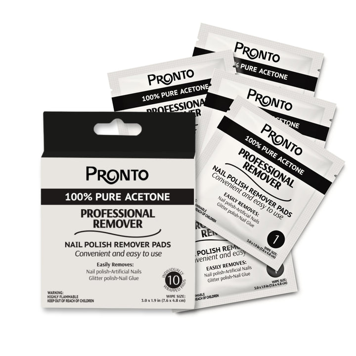 Pronto front packaging showing 10 sealed acetone pads for fast removal