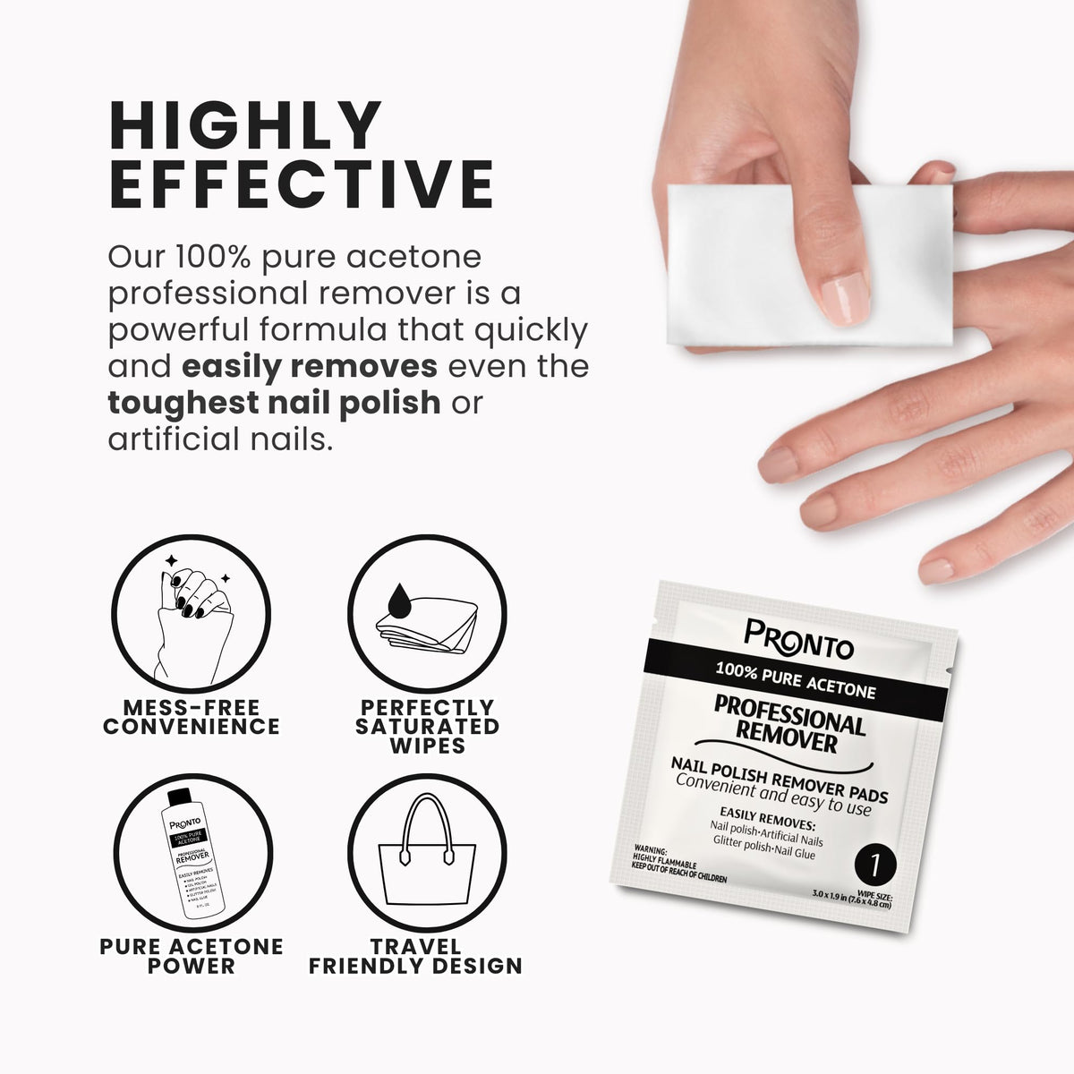 Pronto open individual pouch revealing saturated pure acetone wipe