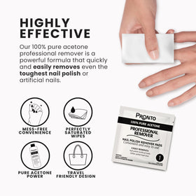 Pronto open individual pouch revealing saturated pure acetone wipe