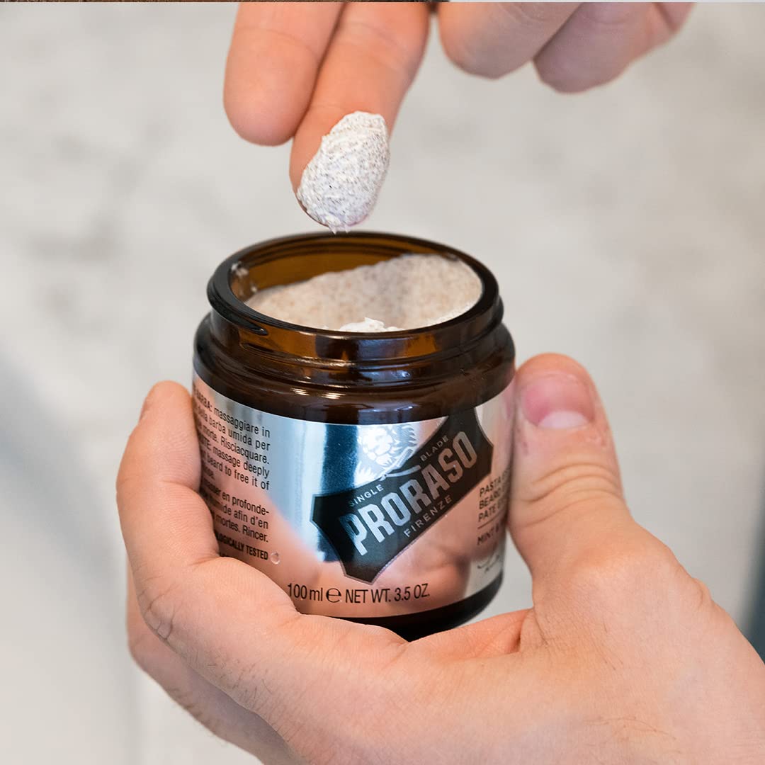 Proraso jar next to ruler showing 3.5oz size and travel-friendly benefit