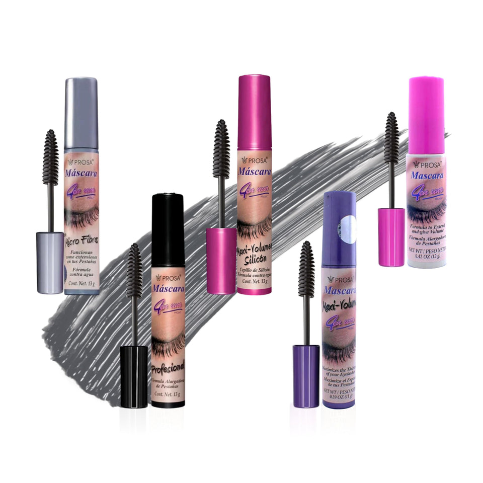 Prosa mascara front packaging showing five deep ebony tubes and professional finish