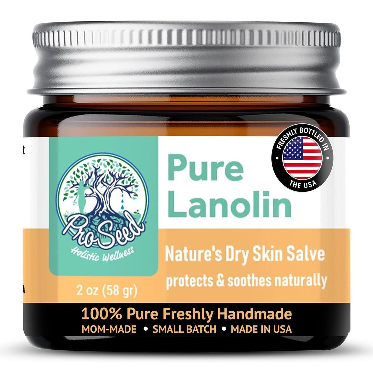 ProSeed glass jar front showing pure lanolin branding and sustainable packaging benefit