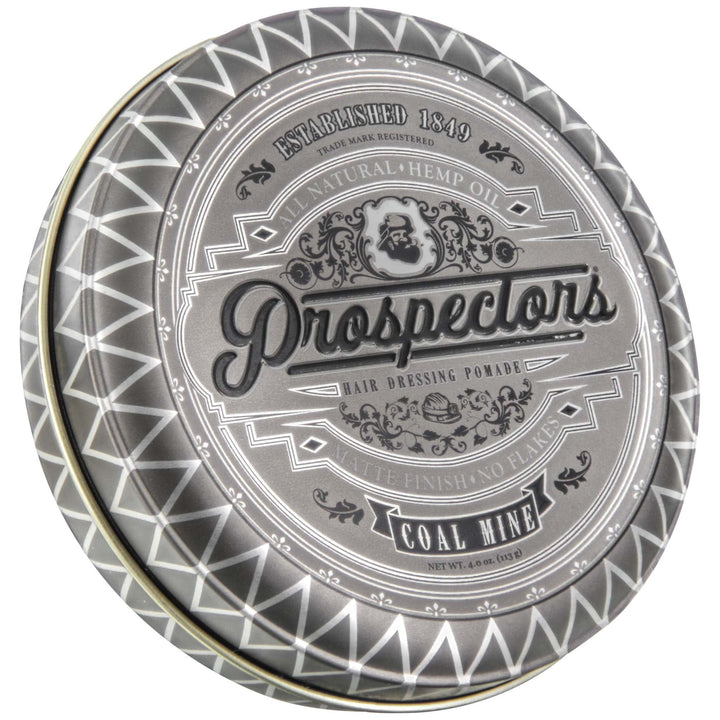 PROSPECTORS Coal Mine Pomade jar front view showing label and 4 oz size benefit of easy storage