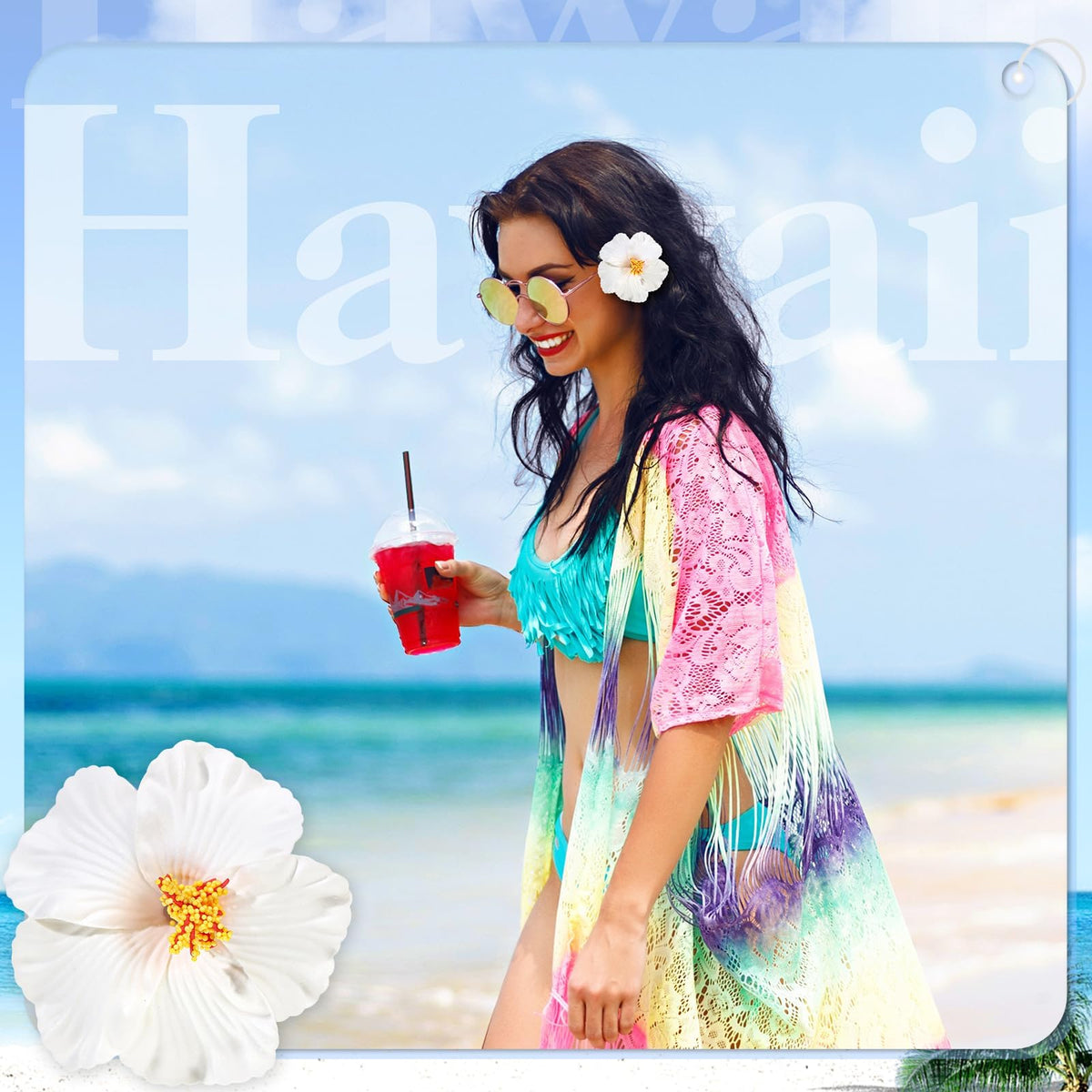 ProSuites hair clips worn on model at beach adding tropical accent