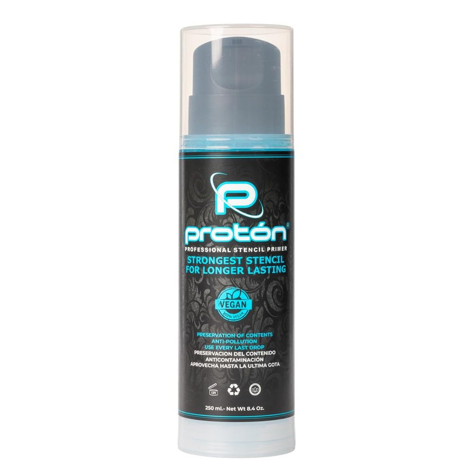 Proton stencil gel pump front packaging showing pump and blue gel, professional control