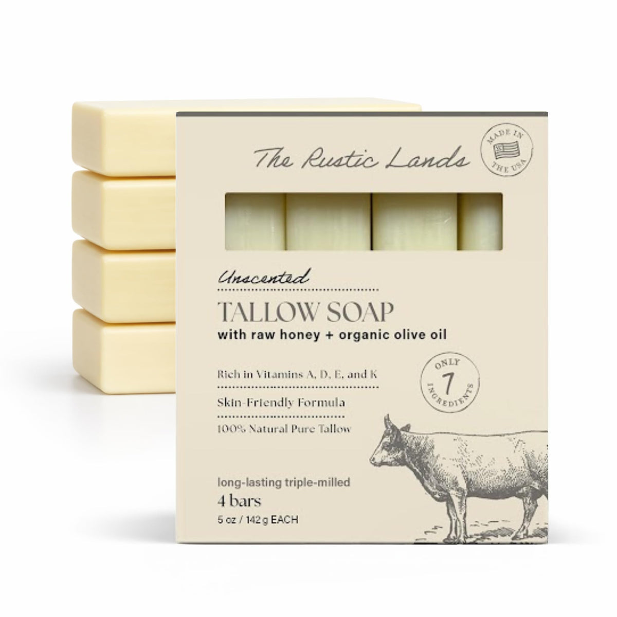 PROVENCE ESSENTIALS front packaging view showing unscented tallow soap set, clear ingredient labeling and durable box