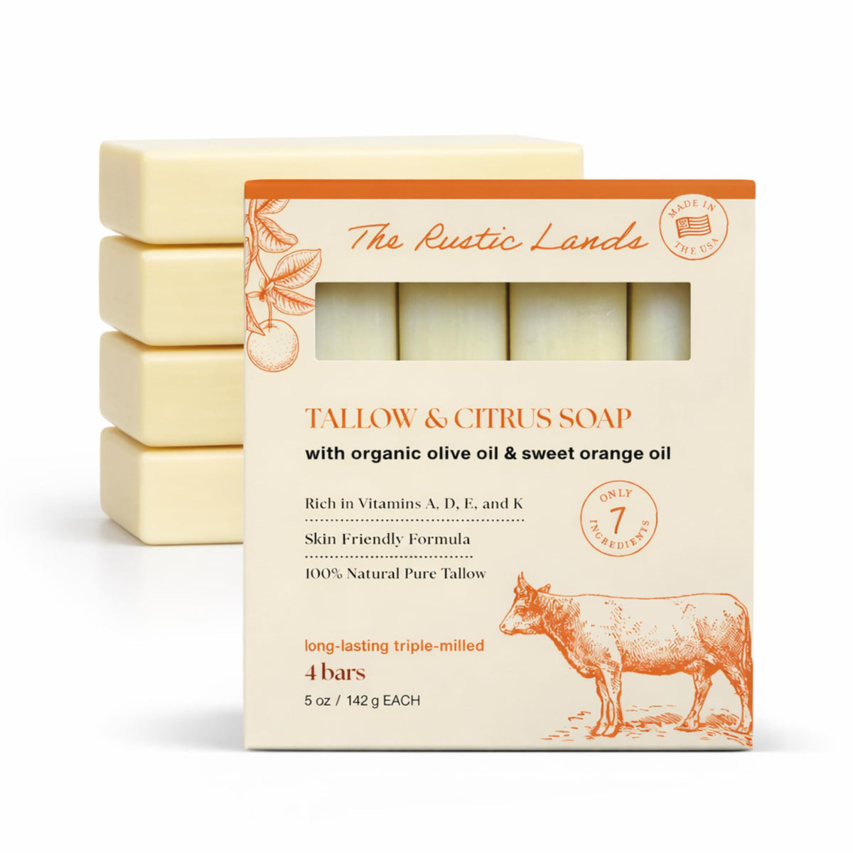 PROVENCE ESSENTIALS front packaging showing four tallow soap bars and branding benefits