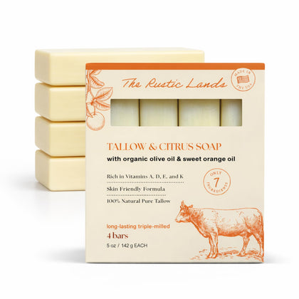 PROVENCE ESSENTIALS front packaging showing four tallow soap bars and branding benefits