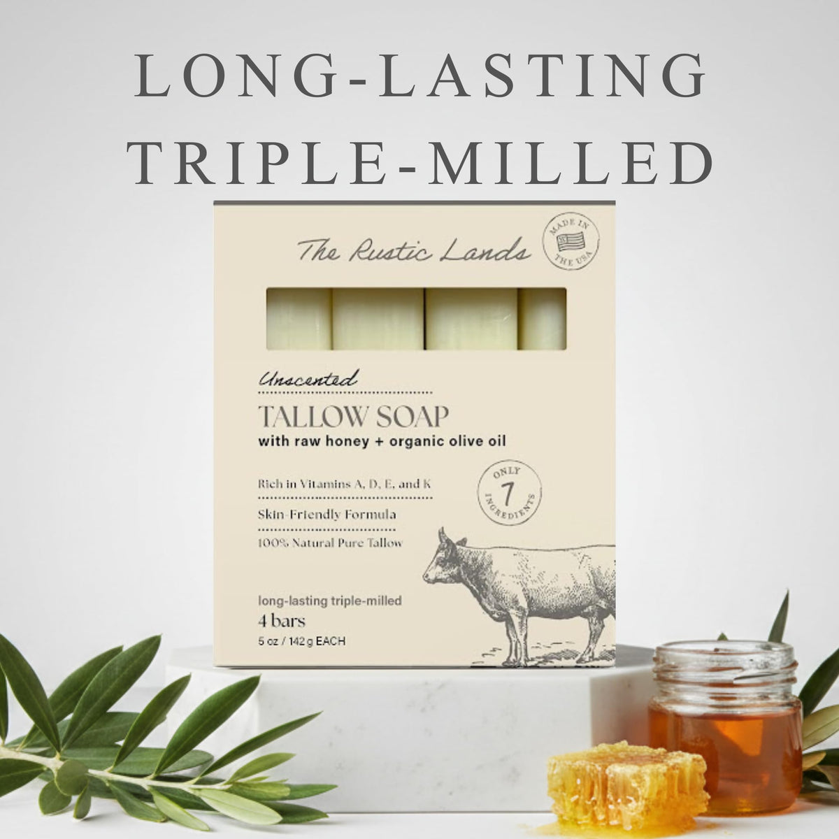PROVENCE ESSENTIALS soap held in palm to show 5oz size and practical everyday scale