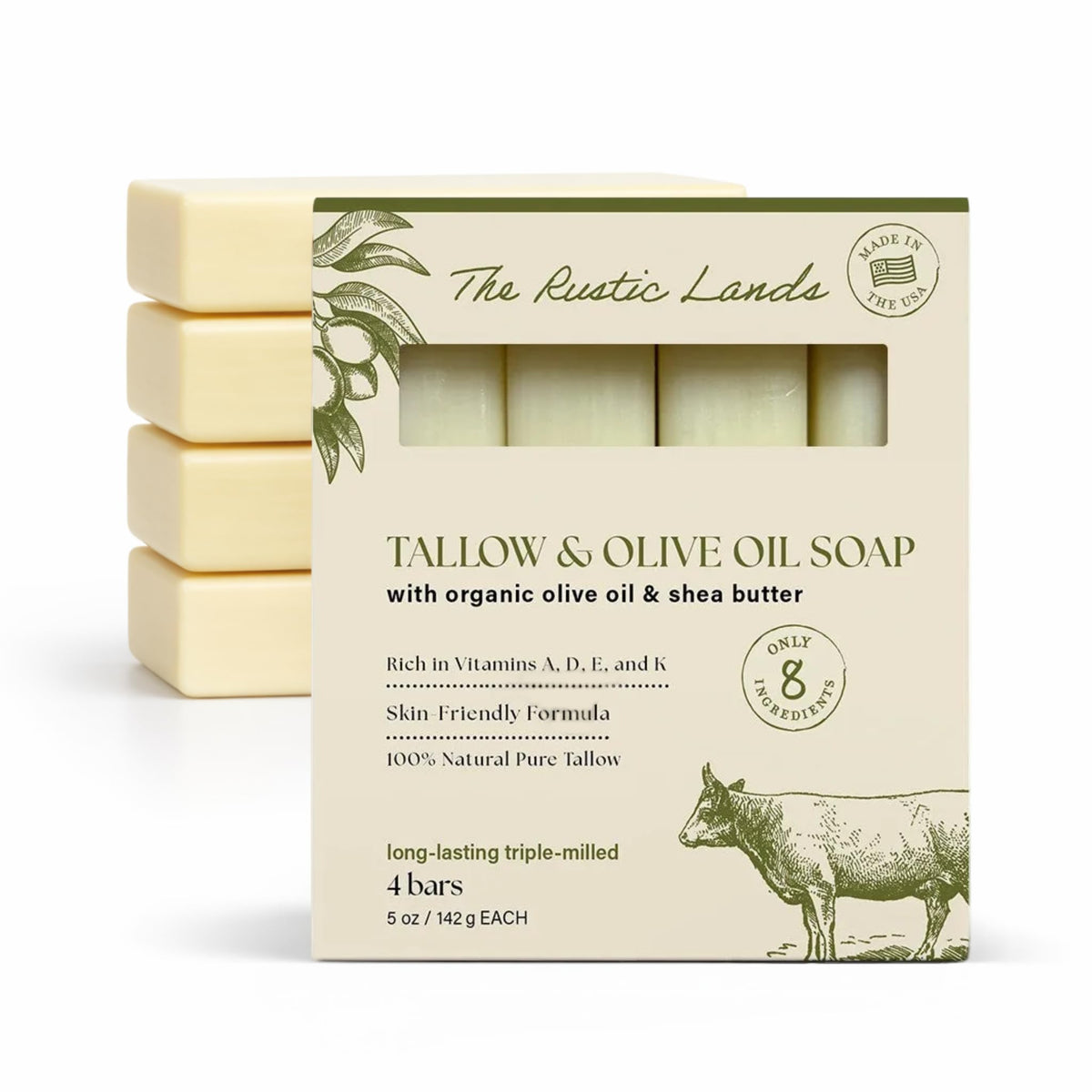 PROVENCE ESSENTIALS front-packaging showing four tallow soap bars and recyclable box, highlights sustainability