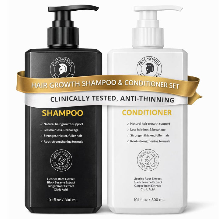 Psalmonica front packaging showing shampoo and conditioner set for fuller-looking hair