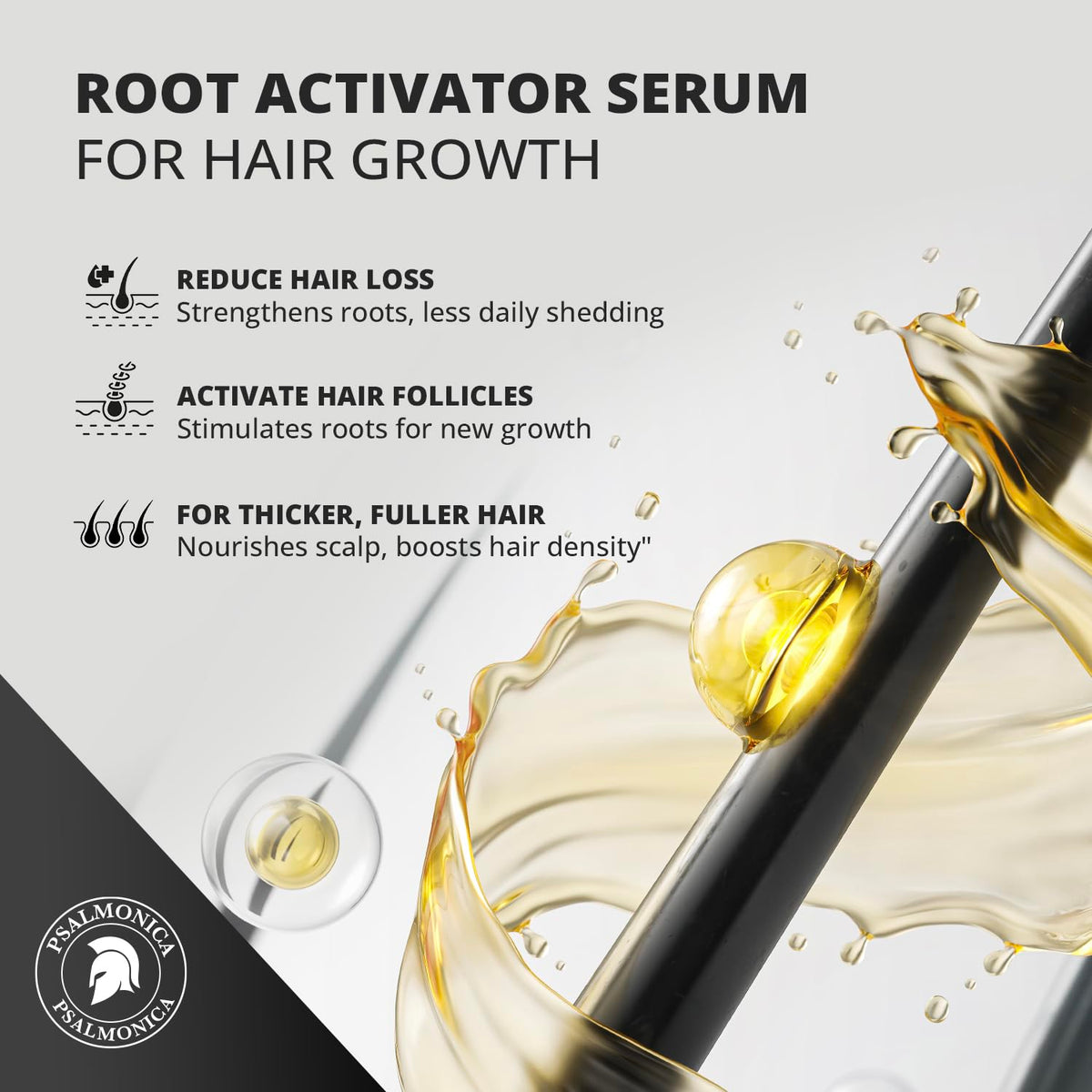 Psalmonica dropper detail dispensing serum, highlights precise application benefit