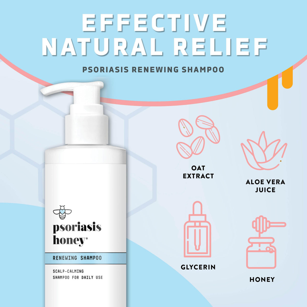 PSORIASIS HONEY pump and label detail highlighting ingredient list