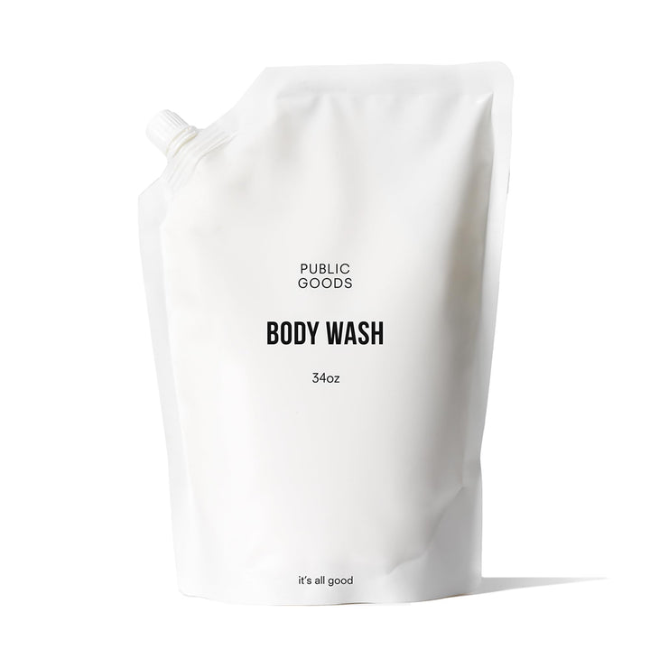 Public Goods front pouch showing product branding and sustainable refill benefit