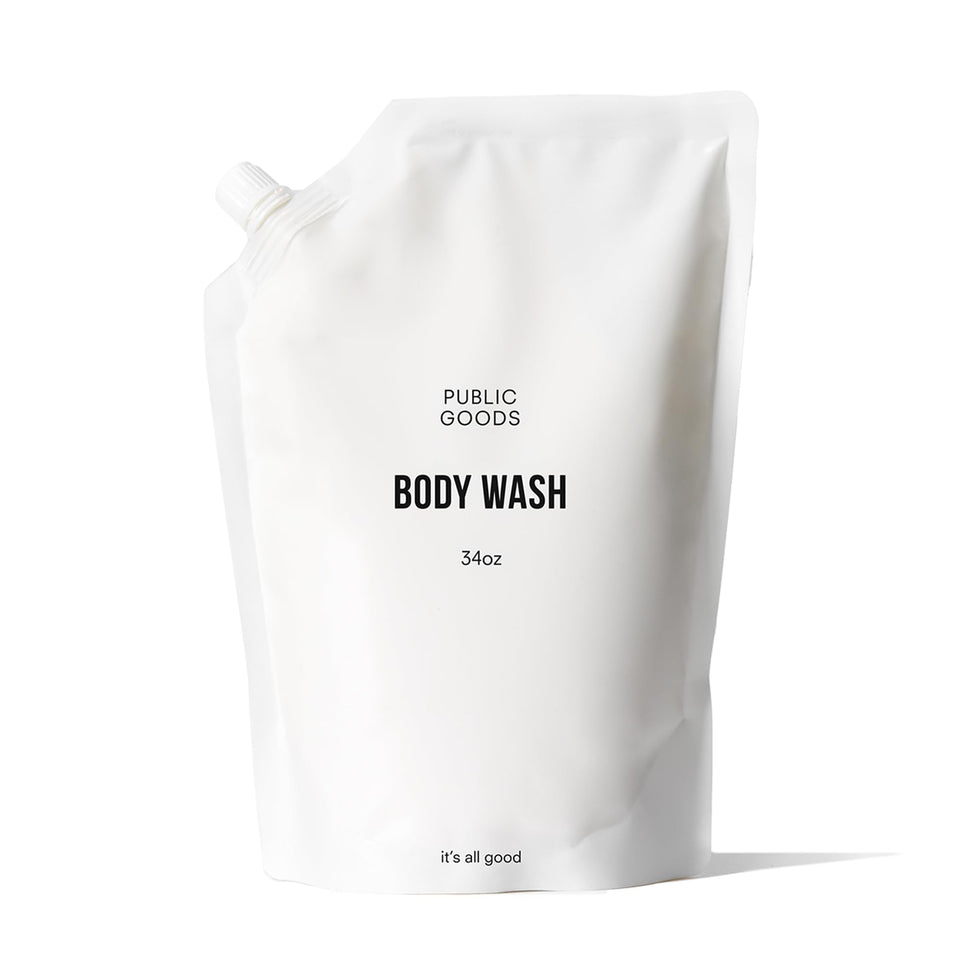 Public Goods front pouch showing product branding and sustainable refill benefit