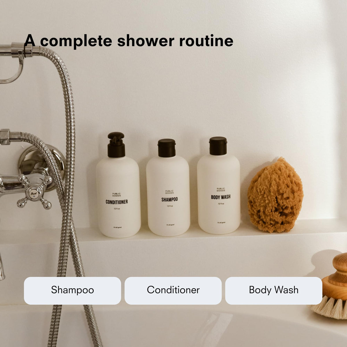 Public Goods body wash pouring action illustrating gentle lather and cleanse