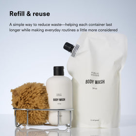 Public Goods bottle on bathroom shelf signaling minimalist sustainable storage