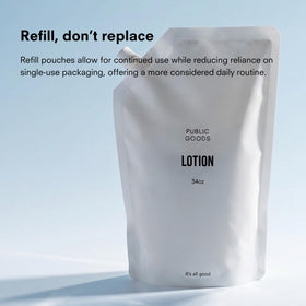 Public Goods lotion on bathroom counter indicating sustainable everyday use
