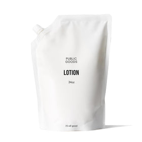 Public Goods lotion front label showing brand and refill size for easy identification and value