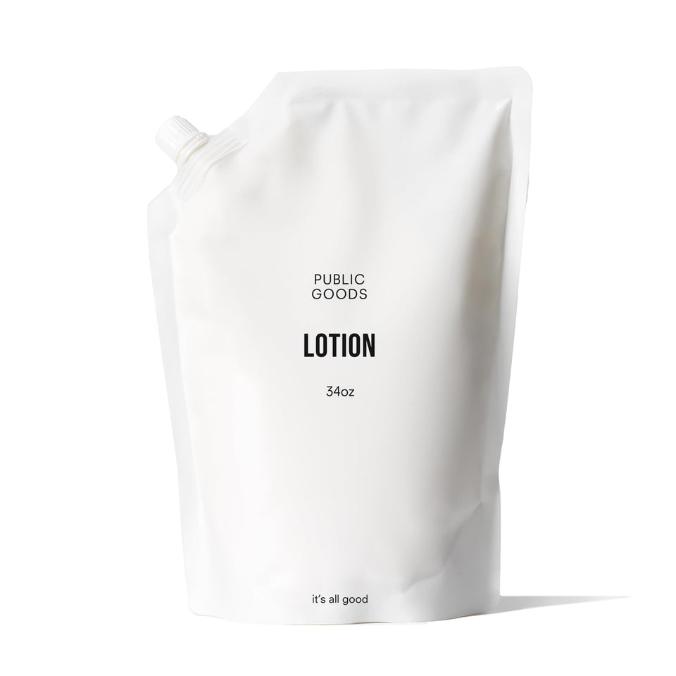 Public Goods lotion front label showing brand and refill size for easy identification and value