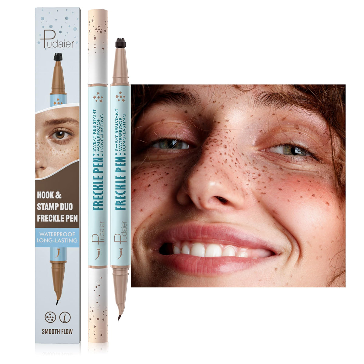 Pudaier front packaging showing two freckle pens and color labels for quick choice