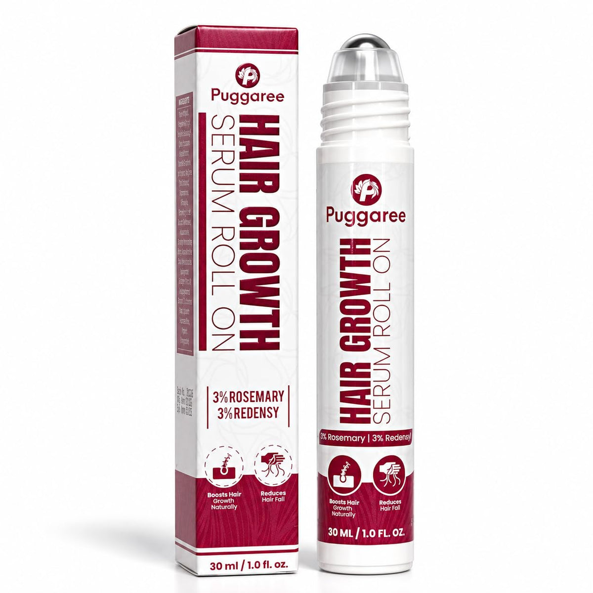 Puggaree roll-on front packaging showing bottle and label, clear benefit of precise dosing