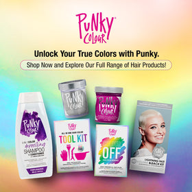 Punky Purpledacious on bathroom shelf styled with towels, showing salon-quality convenience