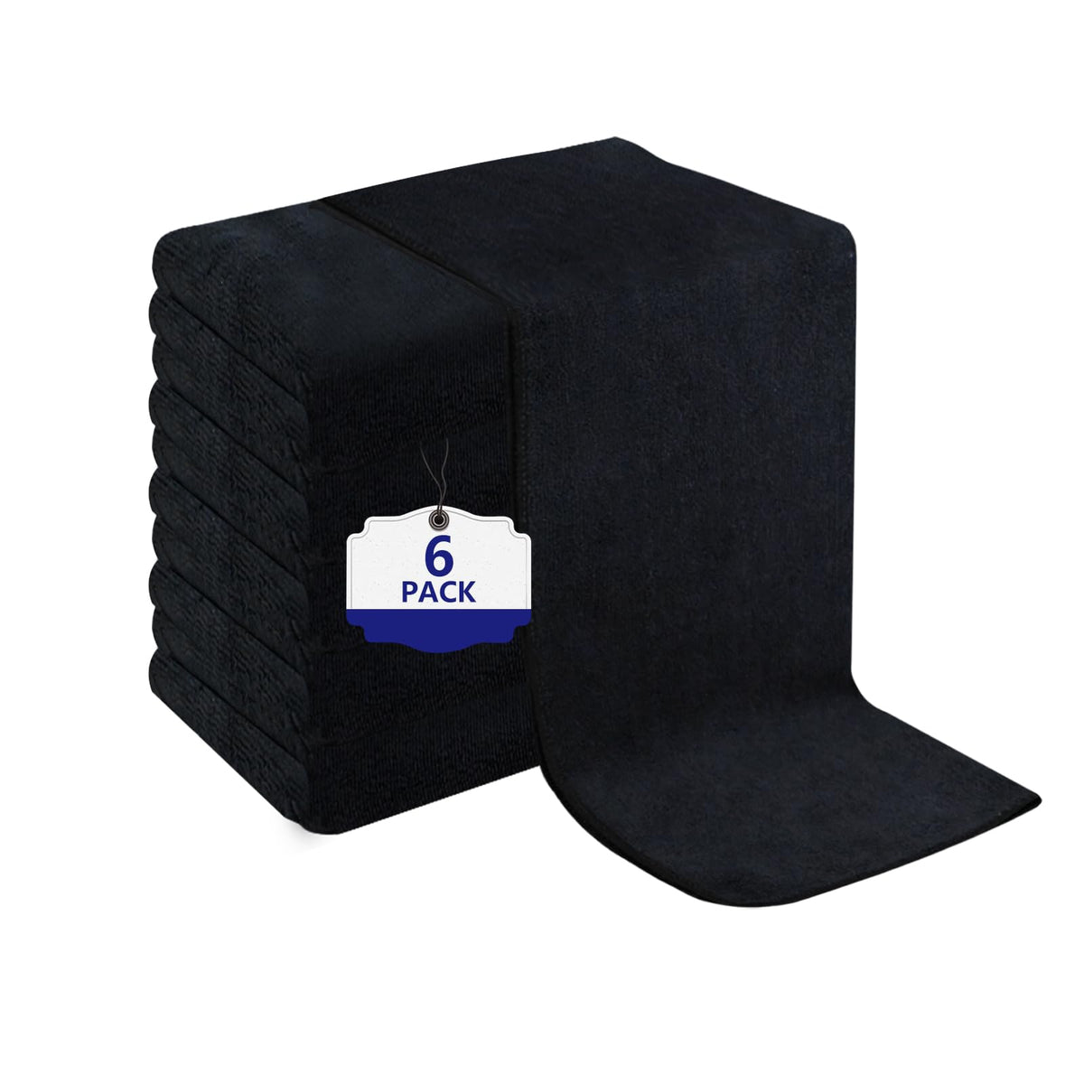 Puomue front view of six black salon towels showing neat stack and value