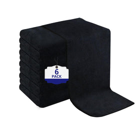 Puomue front view of six black salon towels showing neat stack and value