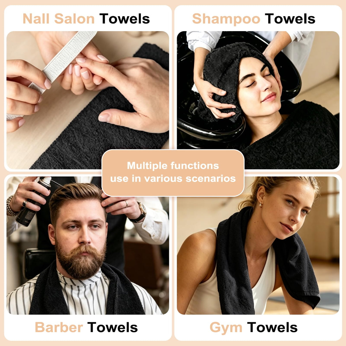 Puomue folded towel by shampoo showing readiness for salon use