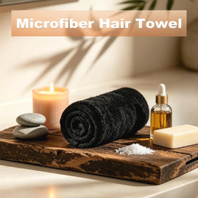 Puomue towel wrapped on wet hair showing quick water removal