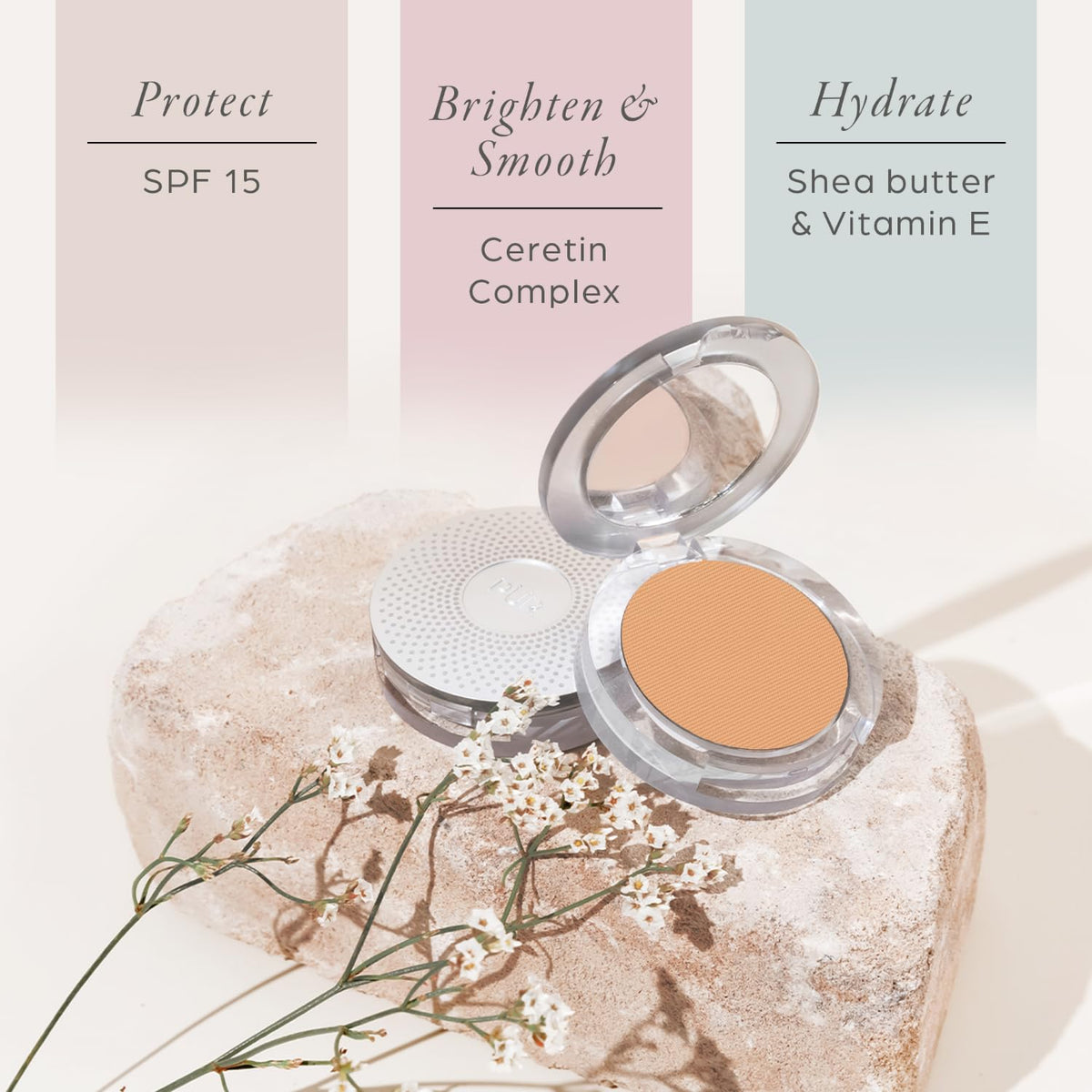 PÜR MINERALS brush picking up powder, demonstrating even application and buildable coverage