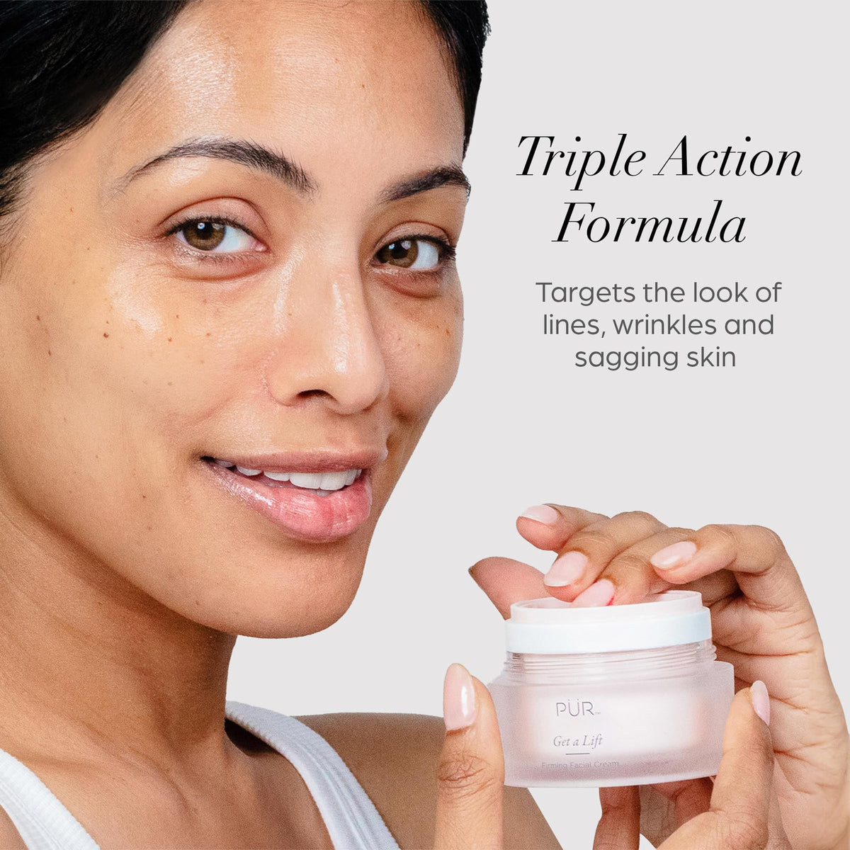 PÜR MINERALS application on face and neck demonstrating easy layering under makeup