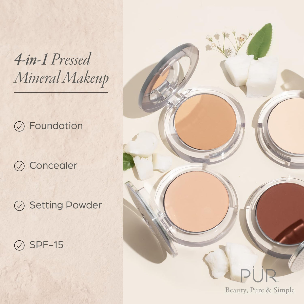 PÜR MINERALS open compact displaying pressed powder surface for easy touch-ups