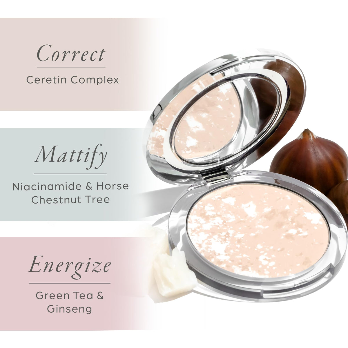 PÜR MINERALS model applying powder to T-zone for shine control