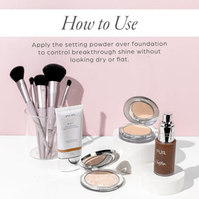 PÜR MINERALS compact in hand illustrating portable, on-the-go touchups