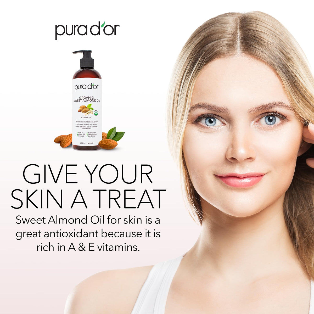 PURA D'OR applied to hair ends to demonstrate conditioning and manageability